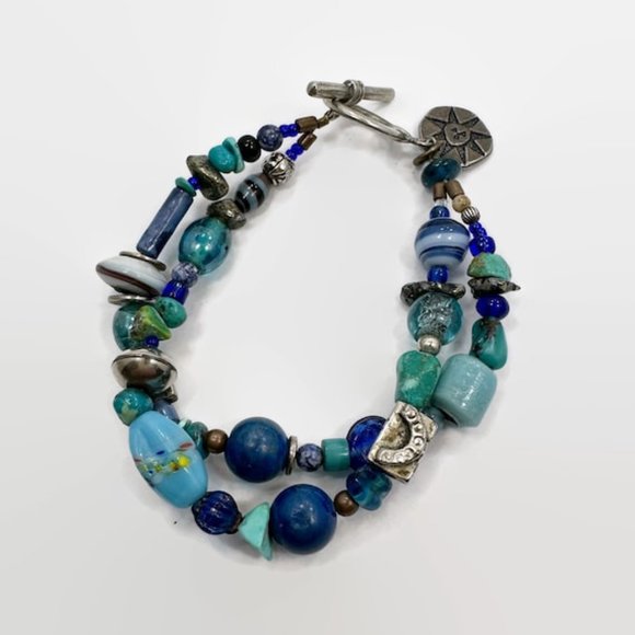 Turquoise Bracelet, Glass, Blue, Pyrites, Sun, Multi-Strand, Beaded, Artisan - Picture 6 of 6